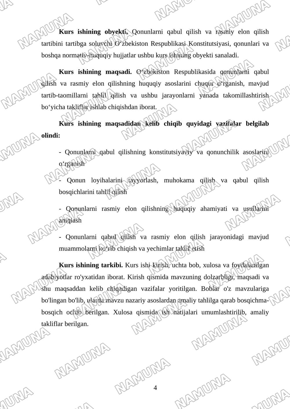 Qonunlarni qabul qilish va rasmiy elon qilish tartibi — kurs ishi, 4-varaq