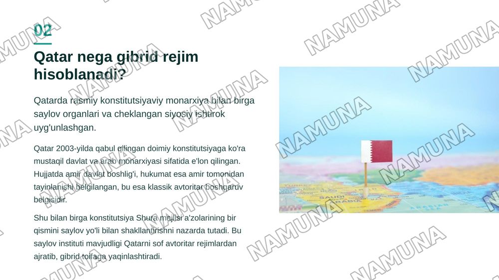 1-vazifa/1-zadaniye
Tanlab olingan davlatlar misolida siyosiy rejimlarni klassifikatsiyalash (poster pptx) shaklida.
Topshiriq talablari:
Qatar davlati
Davlat tanlash: Talaba siyosiy rejimini o‘rganish uchun bitta davlatni mustaqil tanlaydi.
Siyosiy rejimni klassifikatsiyalash: Tanlangan davlatn — zamonaviy taqdimot, 3-slayd