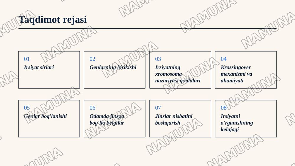T.G.Morganning irsiyatning xromosoma nazariyasi. Belgilarning jinsga birikkan holda irsiylanishi.
Qisqacha annotatsiya: Xromosomada genlarningjoylashishining roli va avlodlarda genetik ma'lumotlarning uzatilishi. Krossingover, jarayonningmexanizmi va tsitologik asoslari. Genlar, genlarguruhlarining — zamonaviy taqdimot, 2-slayd
