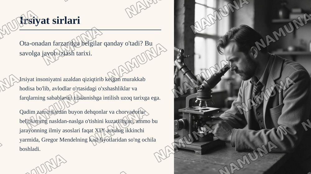 T.G.Morganning irsiyatning xromosoma nazariyasi. Belgilarning jinsga birikkan holda irsiylanishi.
Qisqacha annotatsiya: Xromosomada genlarningjoylashishining roli va avlodlarda genetik ma'lumotlarning uzatilishi. Krossingover, jarayonningmexanizmi va tsitologik asoslari. Genlar, genlarguruhlarining — zamonaviy taqdimot, 3-slayd