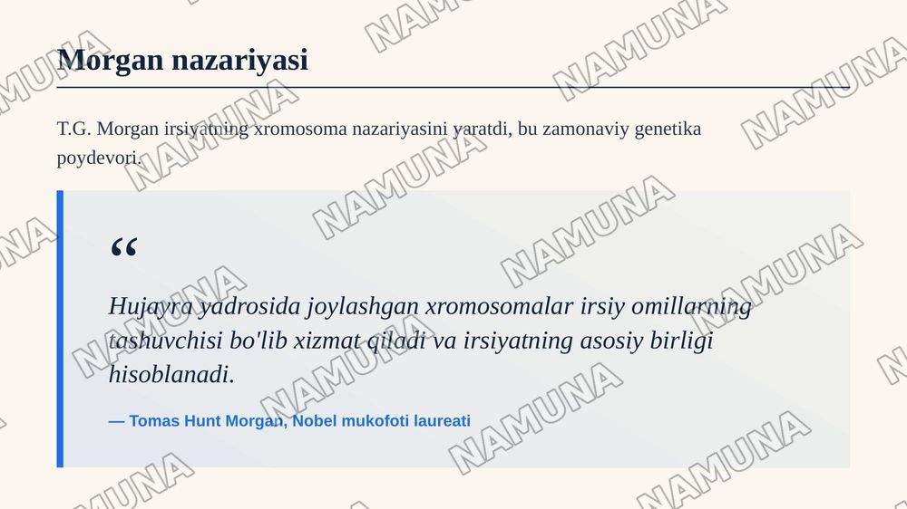 T.G.Morganning irsiyatning xromosoma nazariyasi. Belgilarning jinsga birikkan holda irsiylanishi.
Qisqacha annotatsiya: Xromosomada genlarningjoylashishining roli va avlodlarda genetik ma'lumotlarning uzatilishi. Krossingover, jarayonningmexanizmi va tsitologik asoslari. Genlar, genlarguruhlarining — zamonaviy taqdimot, 4-slayd