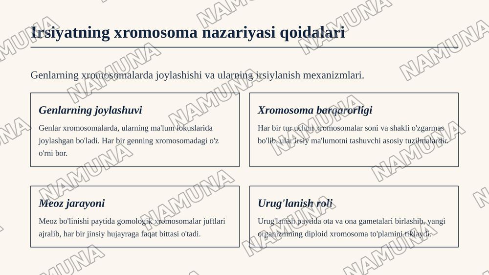 T.G.Morganning irsiyatning xromosoma nazariyasi. Belgilarning jinsga birikkan holda irsiylanishi.
Qisqacha annotatsiya: Xromosomada genlarningjoylashishining roli va avlodlarda genetik ma'lumotlarning uzatilishi. Krossingover, jarayonningmexanizmi va tsitologik asoslari. Genlar, genlarguruhlarining — zamonaviy taqdimot, 7-slayd
