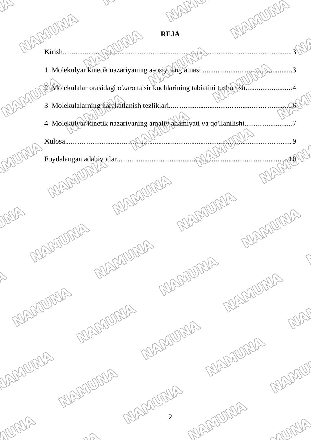 Molekulyar kinetik nazariyaning asosiy tenglamasi. Molekulalar oʻzaro tasiri. Molekulalarming tezliklari. — referat, 2-varaq