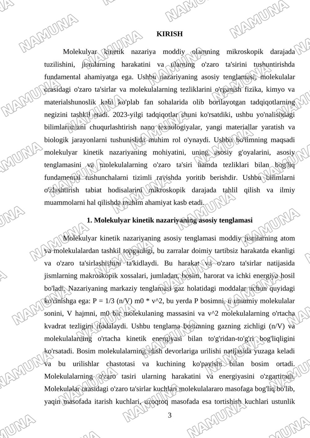 Molekulyar kinetik nazariyaning asosiy tenglamasi. Molekulalar oʻzaro tasiri. Molekulalarming tezliklari. — referat, 3-varaq