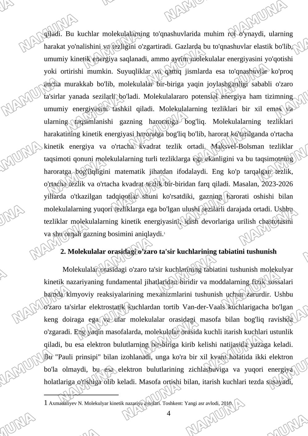 Molekulyar kinetik nazariyaning asosiy tenglamasi. Molekulalar oʻzaro tasiri. Molekulalarming tezliklari. — referat, 4-varaq