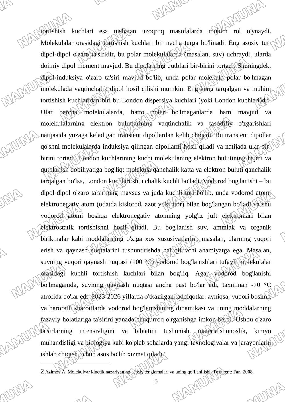 Molekulyar kinetik nazariyaning asosiy tenglamasi. Molekulalar oʻzaro tasiri. Molekulalarming tezliklari. — referat, 5-varaq
