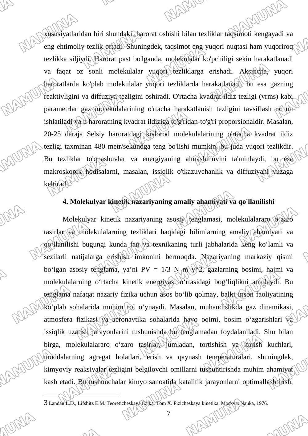 Molekulyar kinetik nazariyaning asosiy tenglamasi. Molekulalar oʻzaro tasiri. Molekulalarming tezliklari. — referat, 7-varaq