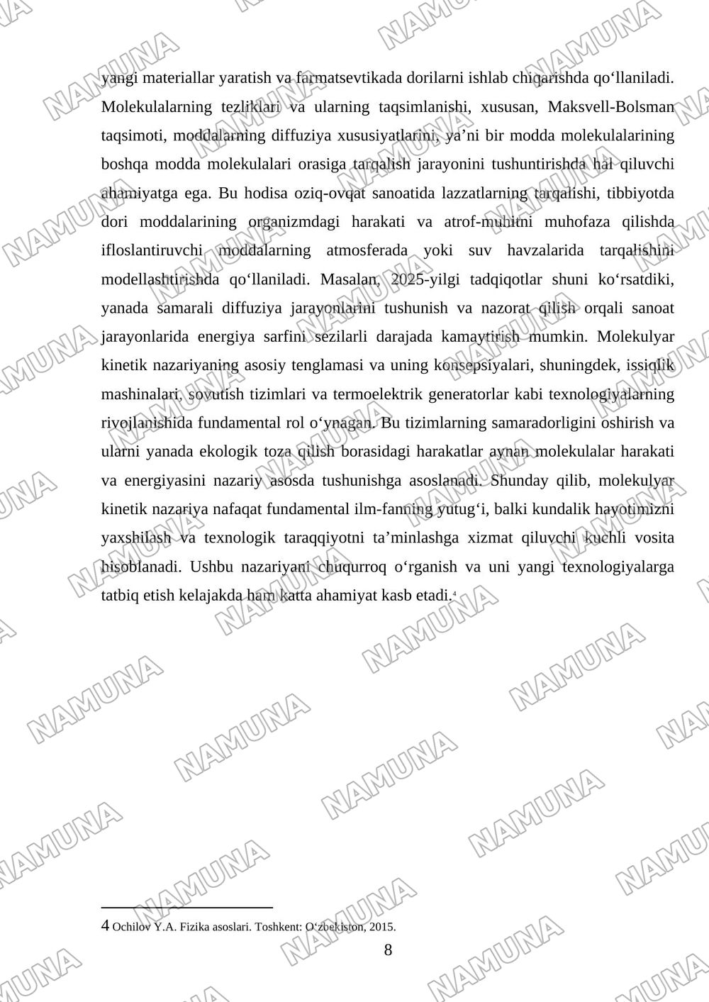 Molekulyar kinetik nazariyaning asosiy tenglamasi. Molekulalar oʻzaro tasiri. Molekulalarming tezliklari. — referat, 8-varaq