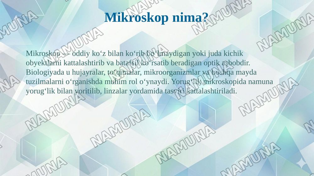 "Mikroskop. Mikroskop bilan ishlash qoidasi, vaqtinchalik preparat tayyorlash" mavzusi
Boymurodova Nigora
O'quvchilar uchun dars o'tishga moslashgan, tushunarli mazmunli, qiziqarli turli xil rasmlarga ega bo'lgan rangli va bezakli, 10 dan ortiq lest bolsin, juda ham chiroyli bo'lishi kerak — taqdimot, 3-slayd