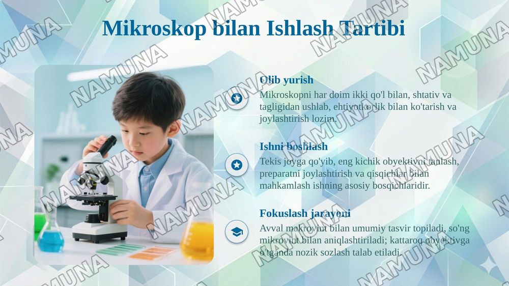 "Mikroskop. Mikroskop bilan ishlash qoidasi, vaqtinchalik preparat tayyorlash" mavzusi
Boymurodova Nigora
O'quvchilar uchun dars o'tishga moslashgan, tushunarli mazmunli, qiziqarli turli xil rasmlarga ega bo'lgan rangli va bezakli, 10 dan ortiq lest bolsin, juda ham chiroyli bo'lishi kerak — taqdimot, 6-slayd