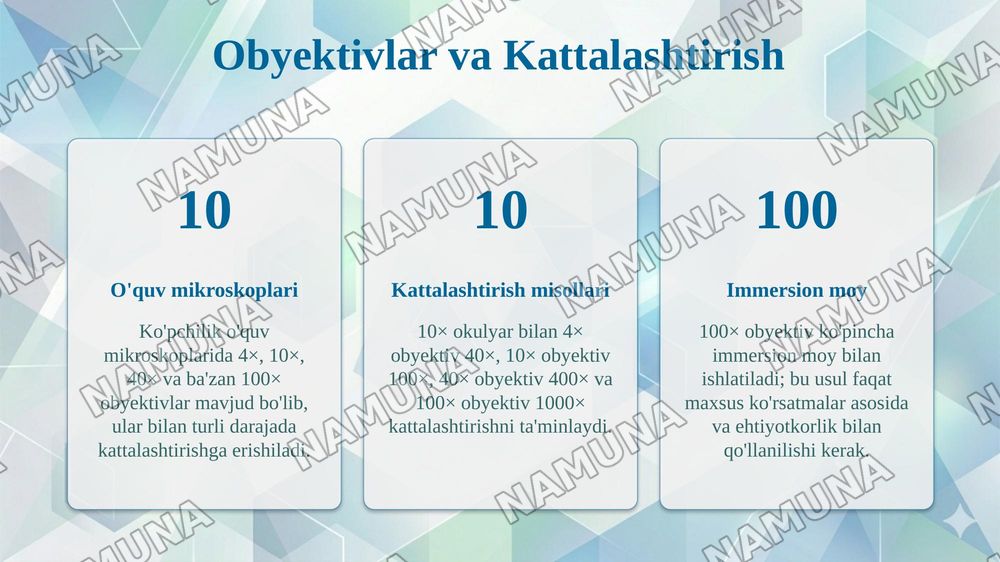 "Mikroskop. Mikroskop bilan ishlash qoidasi, vaqtinchalik preparat tayyorlash" mavzusi
Boymurodova Nigora
O'quvchilar uchun dars o'tishga moslashgan, tushunarli mazmunli, qiziqarli turli xil rasmlarga ega bo'lgan rangli va bezakli, 10 dan ortiq lest bolsin, juda ham chiroyli bo'lishi kerak — taqdimot, 7-slayd
