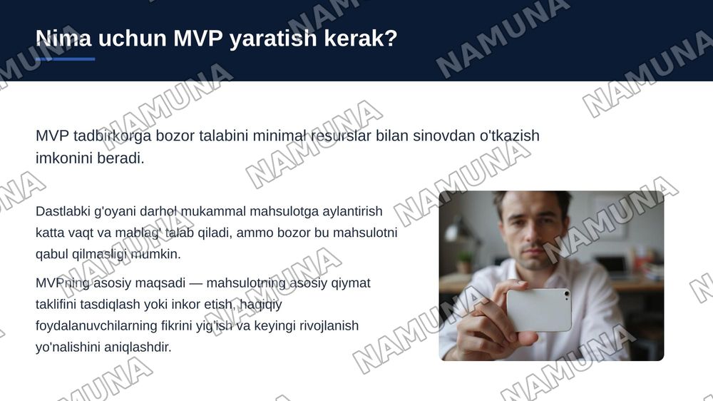 1.MVP yaratishdan asosiy maqsad nima? Nima uchun tadbirkor darhol mukammal mahsulot yaratmasligi kerak?
2.“Mijozga mahsulot yoqdi” va “mijoz mahsulot uchun pul to‘lashga tayyor” degan ikki fikr o‘rtasida qanday farq bor?
3.MVPni sinashda so‘rovnoma natijalariga to‘liq tayanish qanday xatolarga olib  — zamonaviy taqdimot, 3-slayd