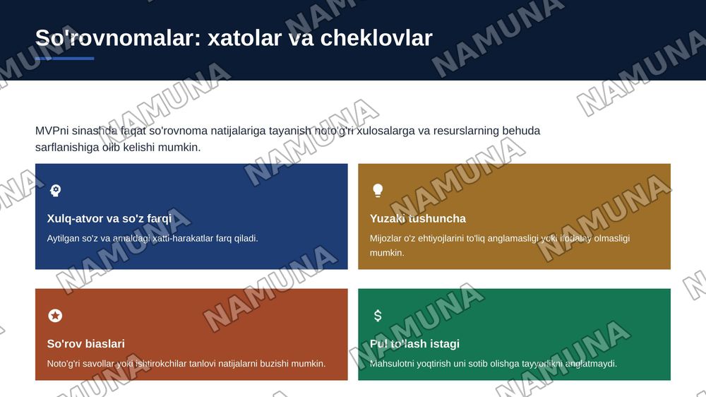 1.MVP yaratishdan asosiy maqsad nima? Nima uchun tadbirkor darhol mukammal mahsulot yaratmasligi kerak?
2.“Mijozga mahsulot yoqdi” va “mijoz mahsulot uchun pul to‘lashga tayyor” degan ikki fikr o‘rtasida qanday farq bor?
3.MVPni sinashda so‘rovnoma natijalariga to‘liq tayanish qanday xatolarga olib  — zamonaviy taqdimot, 5-slayd