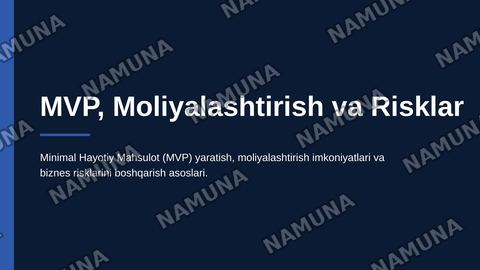 1.MVP yaratishdan asosiy maqsad nima? Nima uchun tadbirkor darhol mukammal mahsulot yaratmasligi kerak?
2.“Mijozga mahsulot yoqdi” va “mijoz mahsulot uchun pul to‘lashga tayyor” degan ikki fikr o‘rtasida qanday farq bor?
3.MVPni sinashda so‘rovnoma natijalariga to‘liq tayanish qanday xatolarga olib  — zamonaviy taqdimot