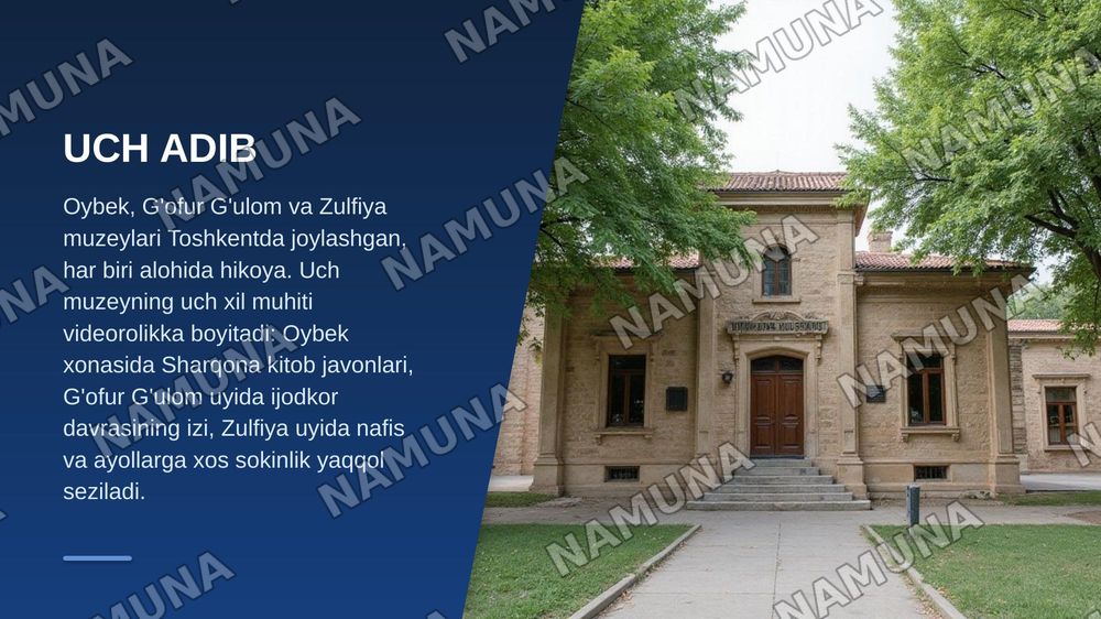 Oybek, G'ofur G'ulom, Zulfiya uy muzeylariga tashrif buyurish va adiblar faoliyati to'g'risida videoroliklar tayyorlash. — zamonaviy taqdimot, 4-slayd