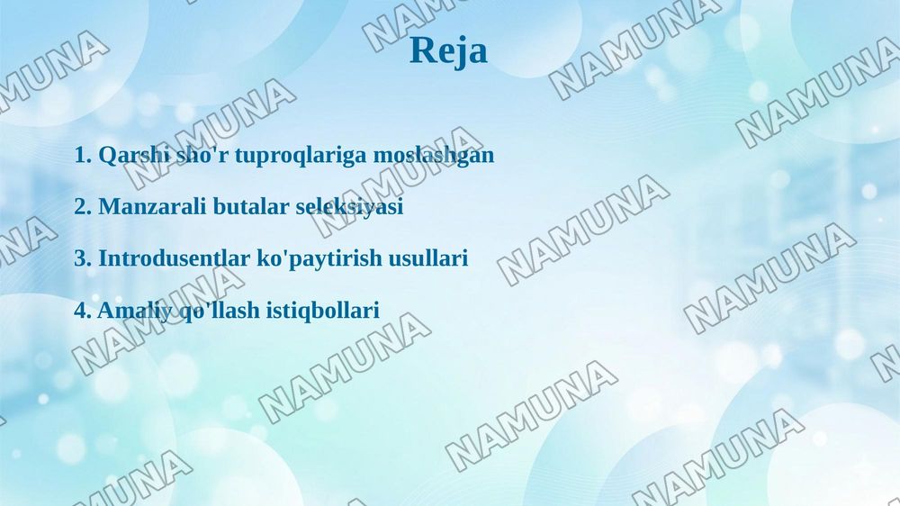 Qarshi vohasining sho'rlangan va qurg'oqchil tuproqlariga chidamli istiqbolli introdusent manzarali butalarni saralash va ko'paytirish texnologiyasi — taqdimot, 2-slayd
