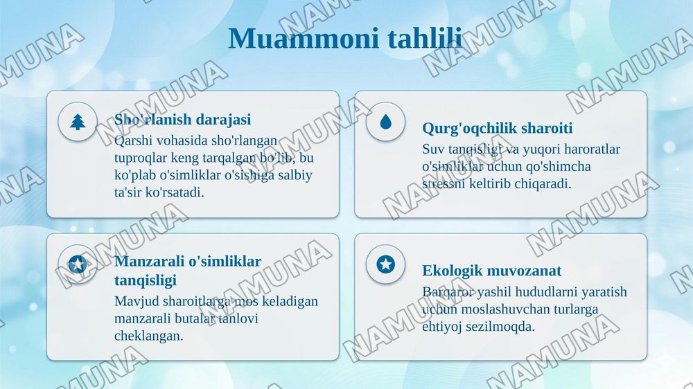 Qarshi vohasining sho'rlangan va qurg'oqchil tuproqlariga chidamli istiqbolli introdusent manzarali butalarni saralash va ko'paytirish texnologiyasi — taqdimot, 4-slayd