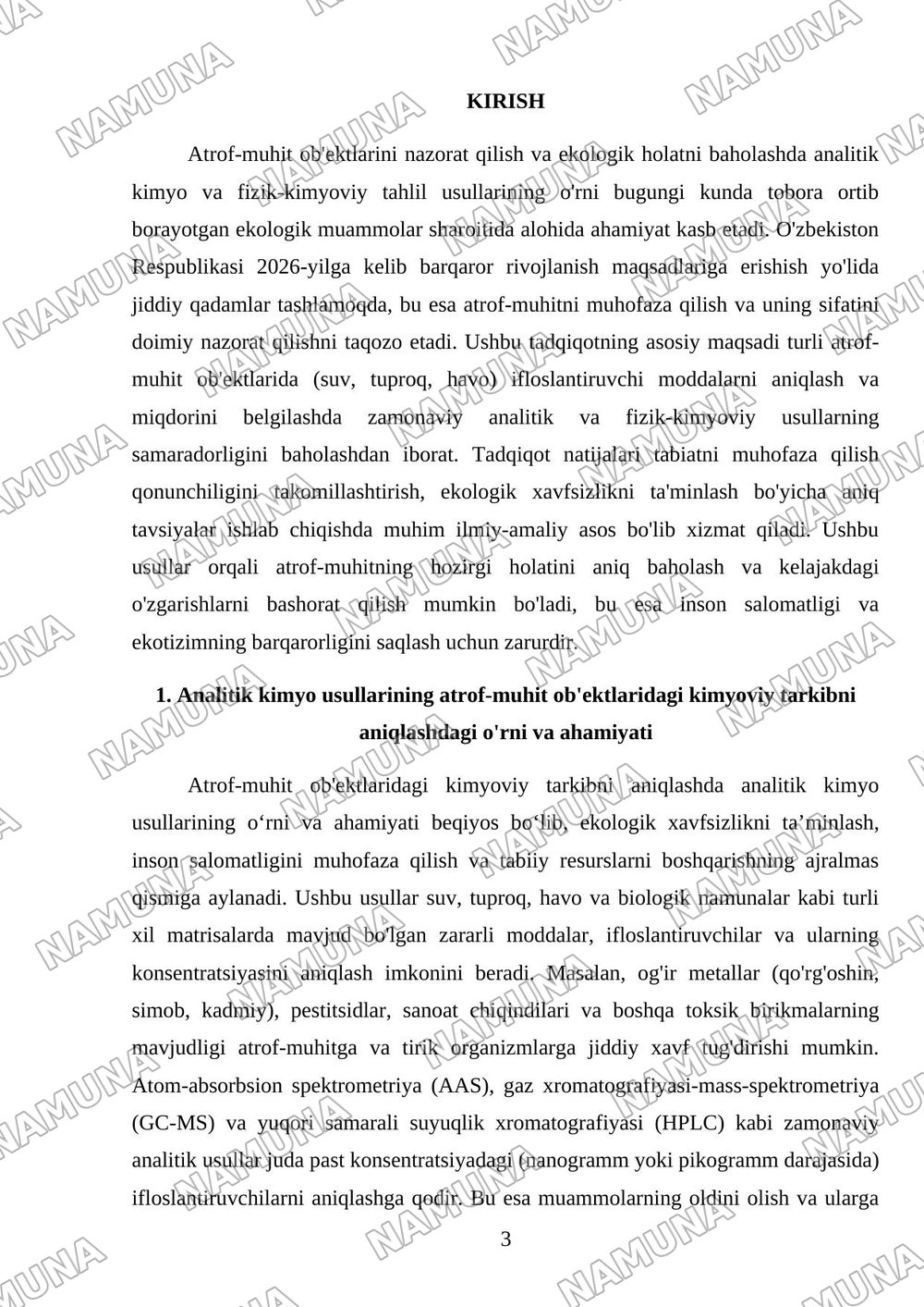 Analitik kimyo va fizik-kimyoviy taxlil usullarining atrof-muxit obektlarini nazorat qilish va ekalogik xolatini baxolashdagi roli — mustaqil ish, 3-varaq