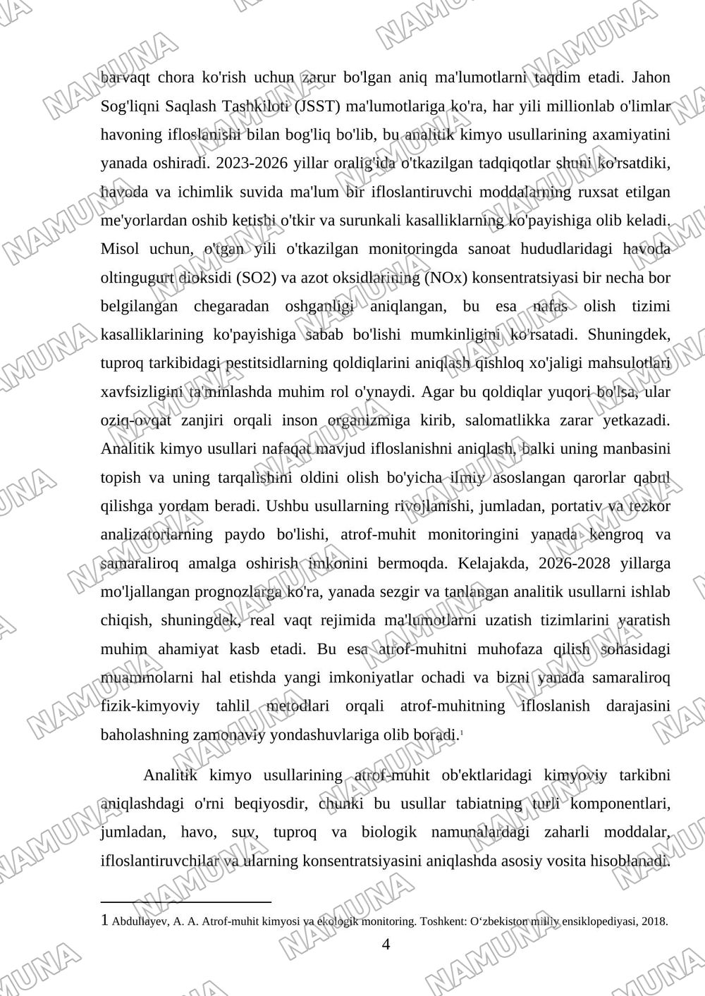 Analitik kimyo va fizik-kimyoviy taxlil usullarining atrof-muxit obektlarini nazorat qilish va ekalogik xolatini baxolashdagi roli — mustaqil ish, 4-varaq