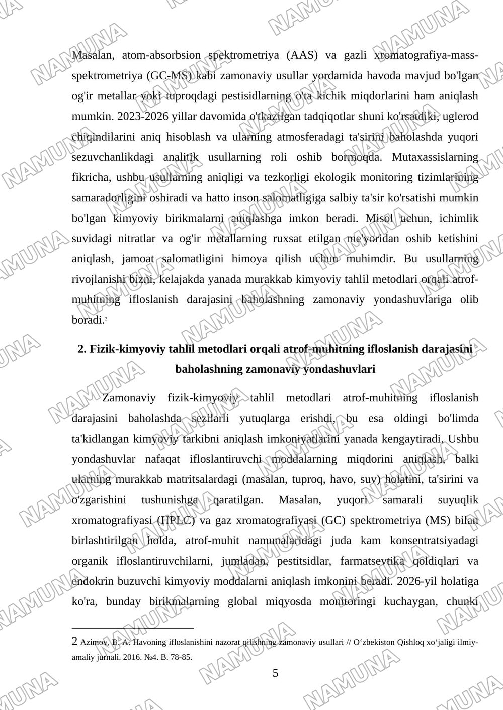 Analitik kimyo va fizik-kimyoviy taxlil usullarining atrof-muxit obektlarini nazorat qilish va ekalogik xolatini baxolashdagi roli — mustaqil ish, 5-varaq