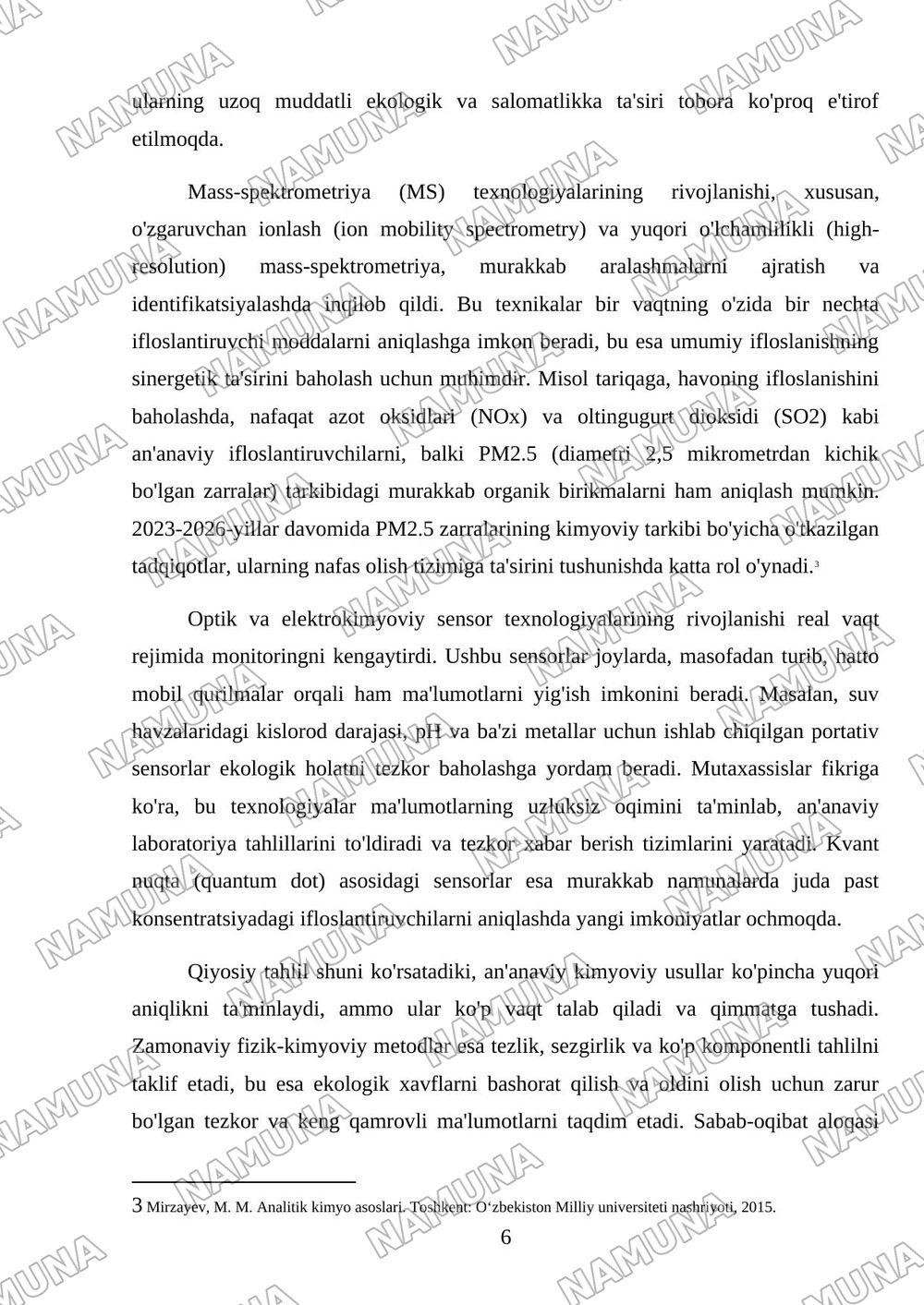 Analitik kimyo va fizik-kimyoviy taxlil usullarining atrof-muxit obektlarini nazorat qilish va ekalogik xolatini baxolashdagi roli — mustaqil ish, 6-varaq