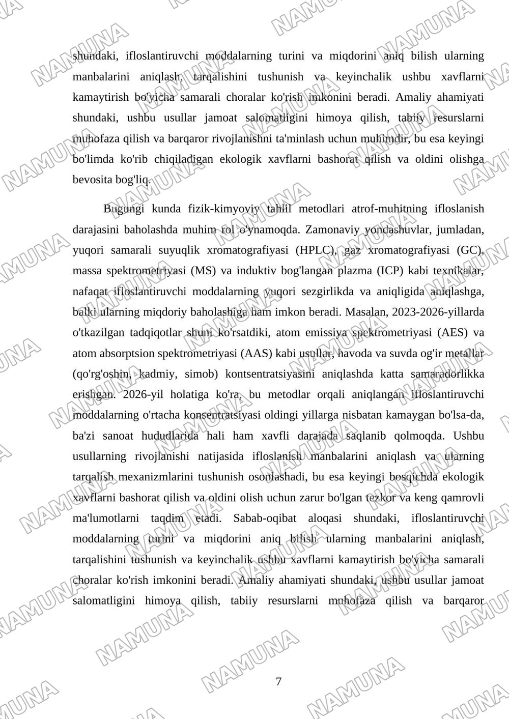 Analitik kimyo va fizik-kimyoviy taxlil usullarining atrof-muxit obektlarini nazorat qilish va ekalogik xolatini baxolashdagi roli — mustaqil ish, 7-varaq