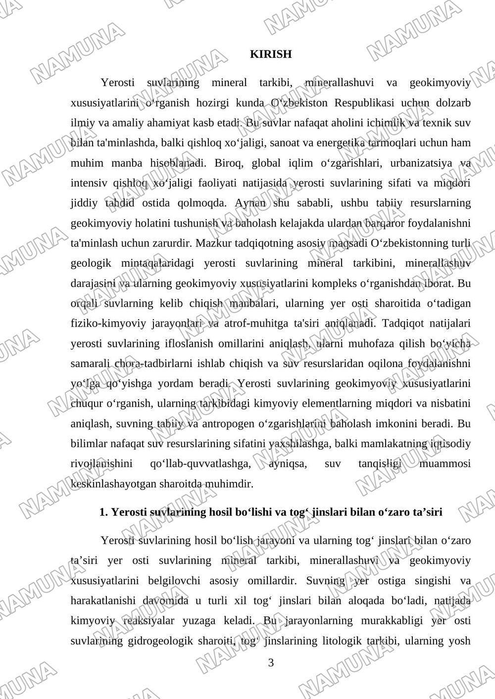 Yerosti suvlarining mineral tarkibi, minerallashuvi va geokimyoviy xususiyatlari. — mustaqil ish, 3-varaq