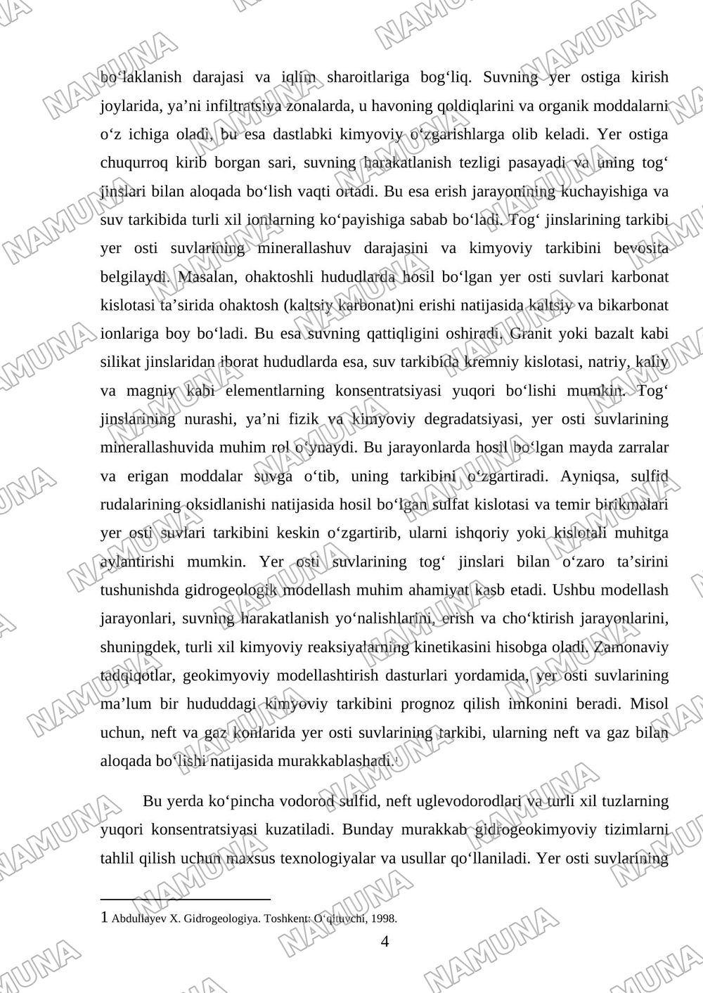 Yerosti suvlarining mineral tarkibi, minerallashuvi va geokimyoviy xususiyatlari. — mustaqil ish, 4-varaq