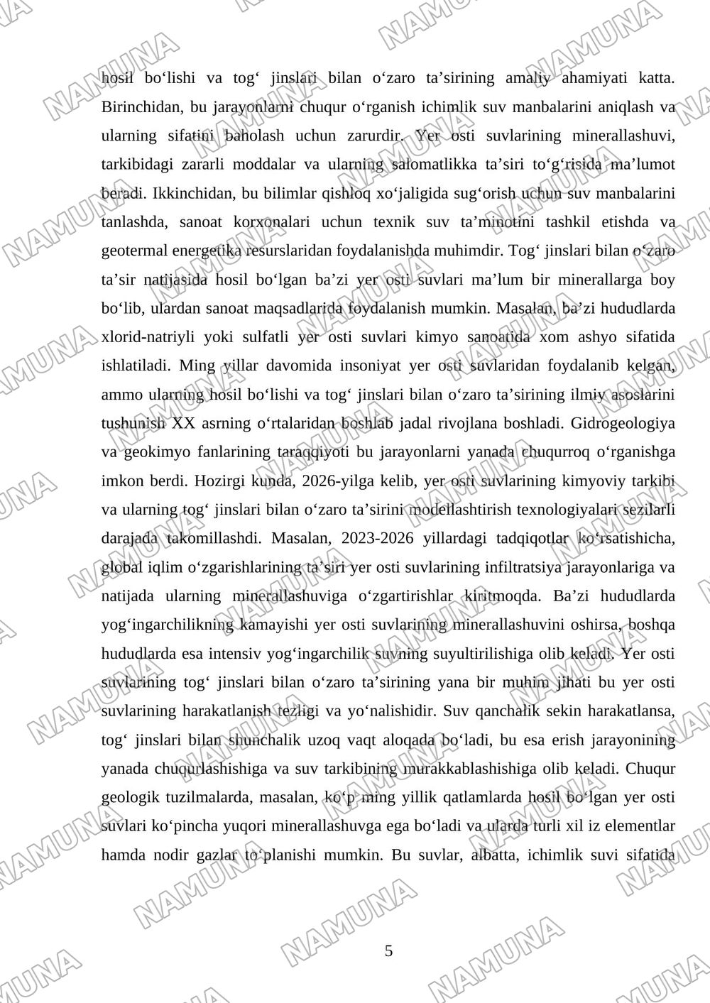 Yerosti suvlarining mineral tarkibi, minerallashuvi va geokimyoviy xususiyatlari. — mustaqil ish, 5-varaq