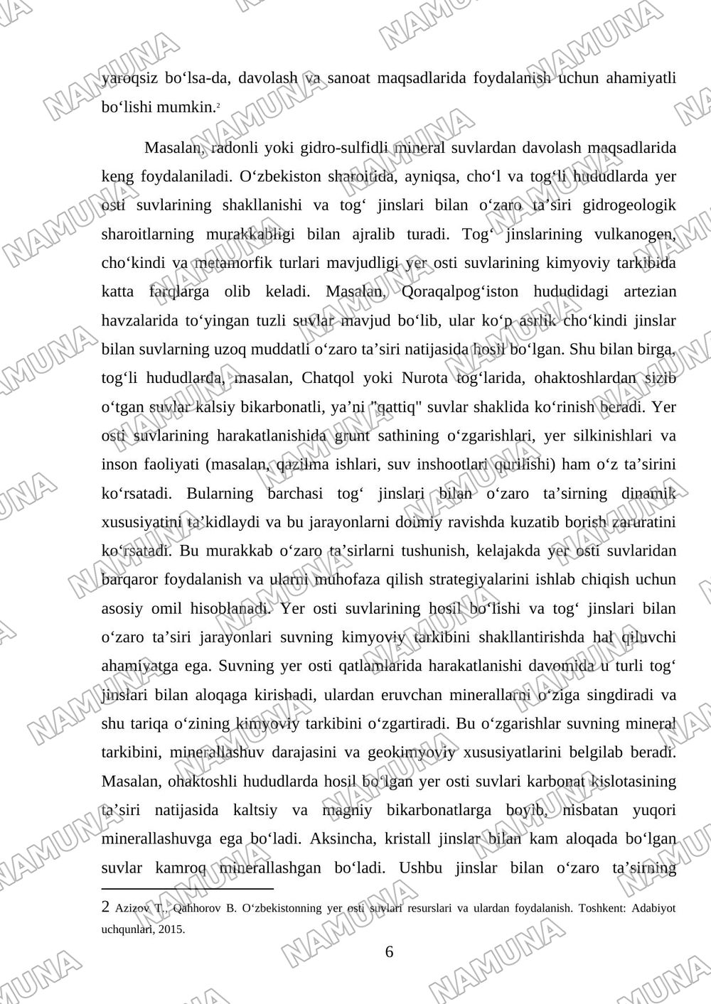 Yerosti suvlarining mineral tarkibi, minerallashuvi va geokimyoviy xususiyatlari. — mustaqil ish, 6-varaq