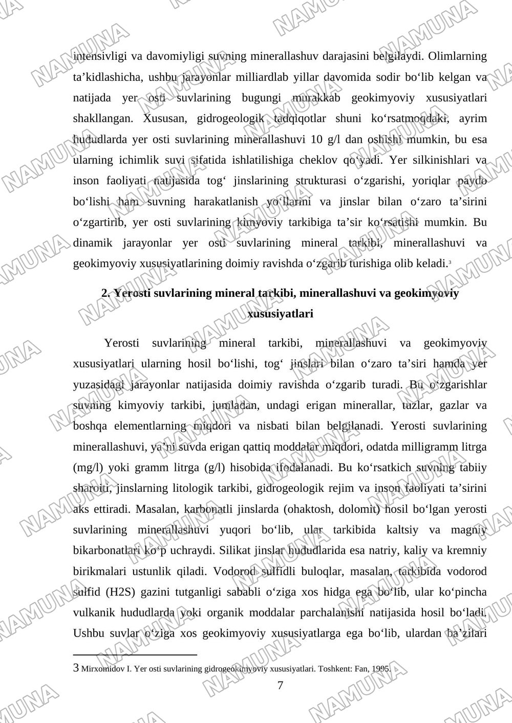 Yerosti suvlarining mineral tarkibi, minerallashuvi va geokimyoviy xususiyatlari. — mustaqil ish, 7-varaq