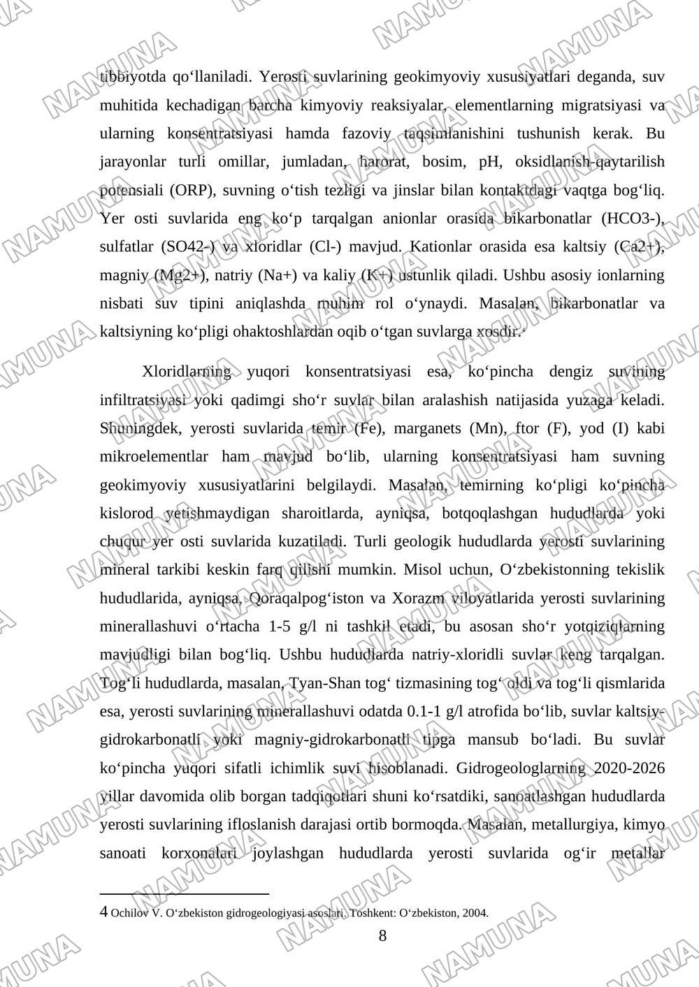 Yerosti suvlarining mineral tarkibi, minerallashuvi va geokimyoviy xususiyatlari. — mustaqil ish, 8-varaq