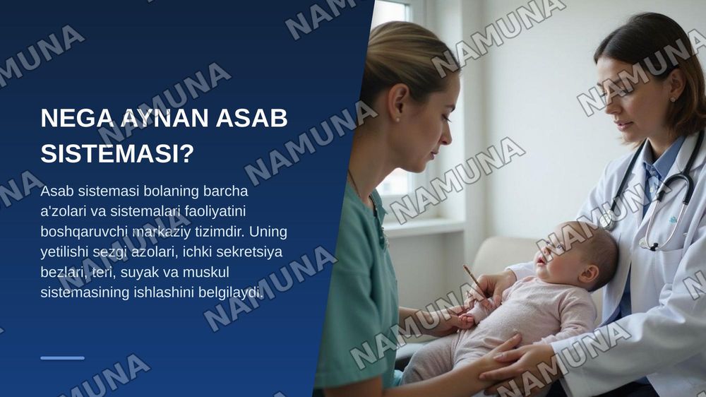 Asab sistemasi sezgi azolari ichki sekretsiya bezlari teri suyak muskul sistemasining AFX
OBK
1bolalar asab sistemasining tuzilishi,fuksiyalarini haqida tushuncha.
2.bolalarni har tomonlama parvariash qilishda feldsherning roli.
3.bolaning nutuq va eshitish qobliyatini rivojlantirish bosqichlari.
4. — zamonaviy taqdimot, 3-slayd
