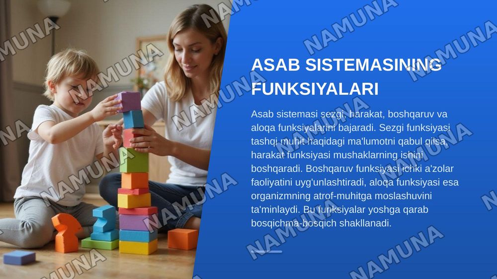 Asab sistemasi sezgi azolari ichki sekretsiya bezlari teri suyak muskul sistemasining AFX
OBK
1bolalar asab sistemasining tuzilishi,fuksiyalarini haqida tushuncha.
2.bolalarni har tomonlama parvariash qilishda feldsherning roli.
3.bolaning nutuq va eshitish qobliyatini rivojlantirish bosqichlari.
4. — zamonaviy taqdimot, 5-slayd