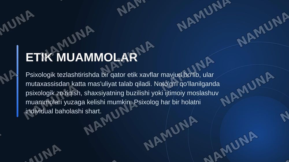 1.Ilmiy psixodiagnostika bilan amaliy psixodiagnostikaning oʻzaro aloqasi
2. Psixodiagnostik tadqiqotlarning ilmiy tadqiqotlardan farqi
3. Psixologik tezlashtirishning etikaviy muamolari — zamonaviy taqdimot, 6-slayd