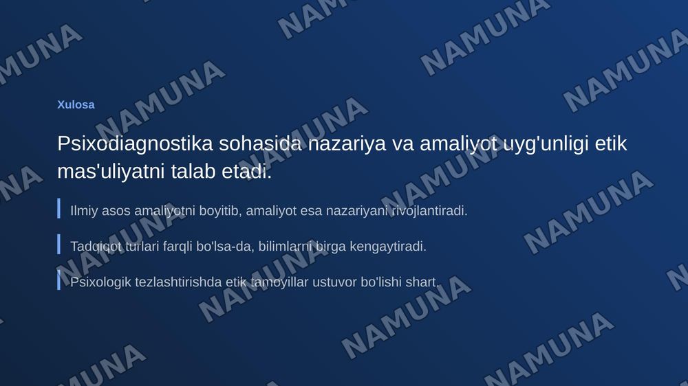 1.Ilmiy psixodiagnostika bilan amaliy psixodiagnostikaning oʻzaro aloqasi
2. Psixodiagnostik tadqiqotlarning ilmiy tadqiqotlardan farqi
3. Psixologik tezlashtirishning etikaviy muamolari — zamonaviy taqdimot, 7-slayd