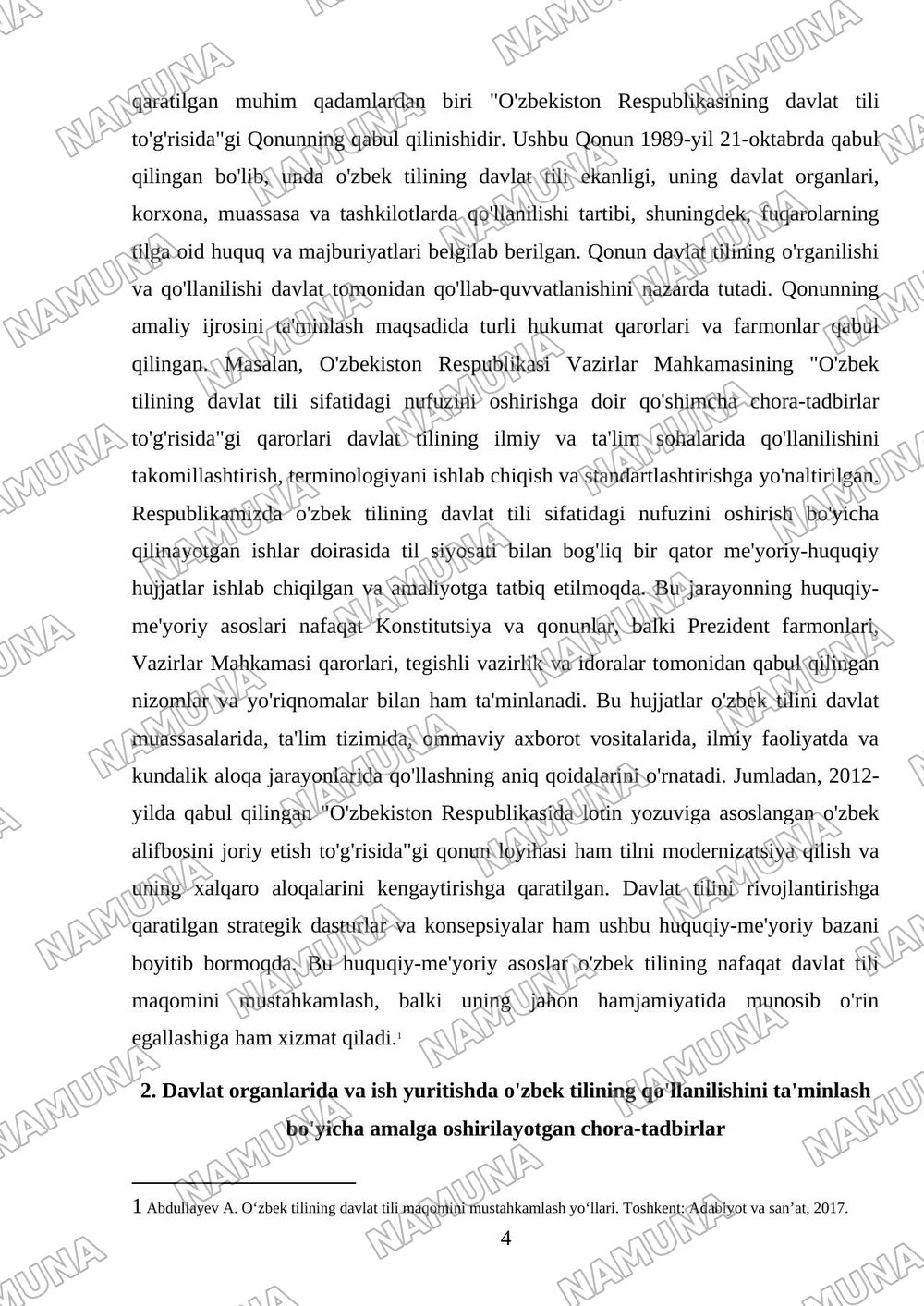 Respublikamizda oʻzbek tilining davlat tili sifatidagi nufuzini oshirish boʻyicha qilinayotgan ishlar — mustaqil ish, 4-varaq