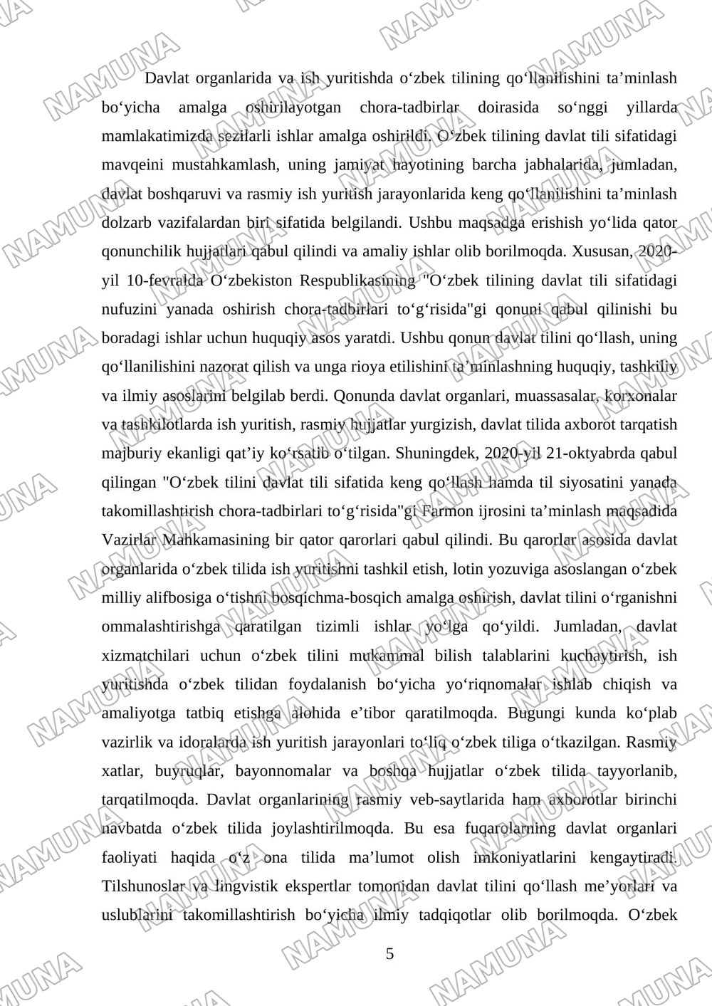 Respublikamizda oʻzbek tilining davlat tili sifatidagi nufuzini oshirish boʻyicha qilinayotgan ishlar — mustaqil ish, 5-varaq