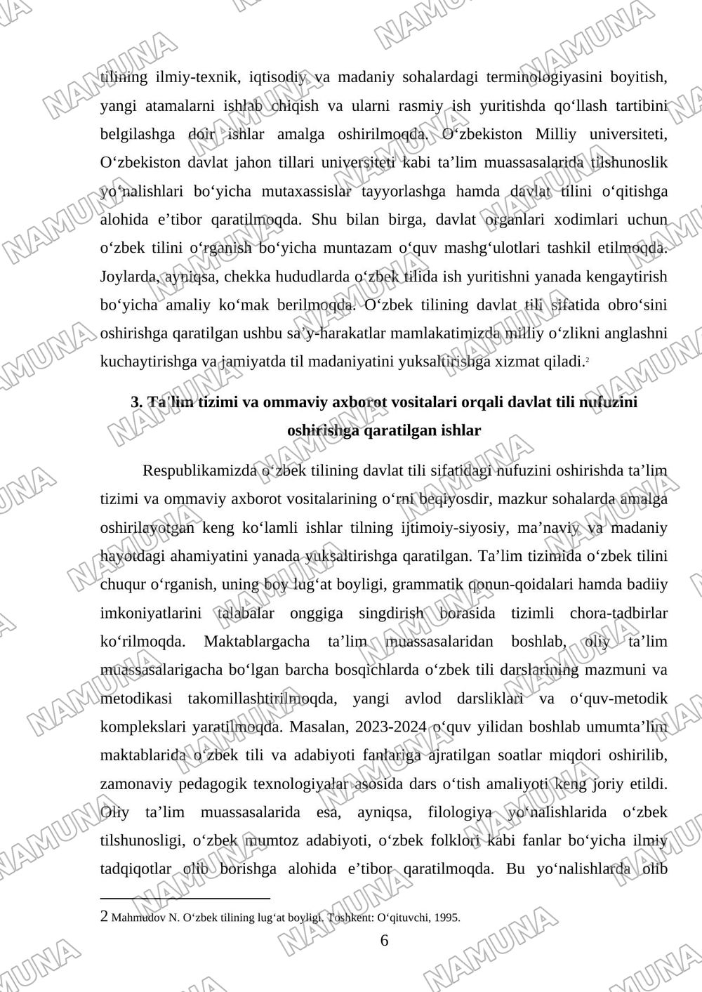 Respublikamizda oʻzbek tilining davlat tili sifatidagi nufuzini oshirish boʻyicha qilinayotgan ishlar — mustaqil ish, 6-varaq