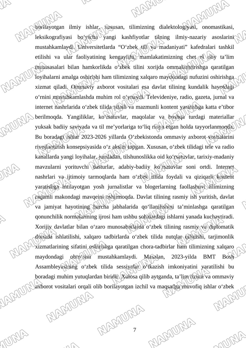 Respublikamizda oʻzbek tilining davlat tili sifatidagi nufuzini oshirish boʻyicha qilinayotgan ishlar — mustaqil ish, 7-varaq
