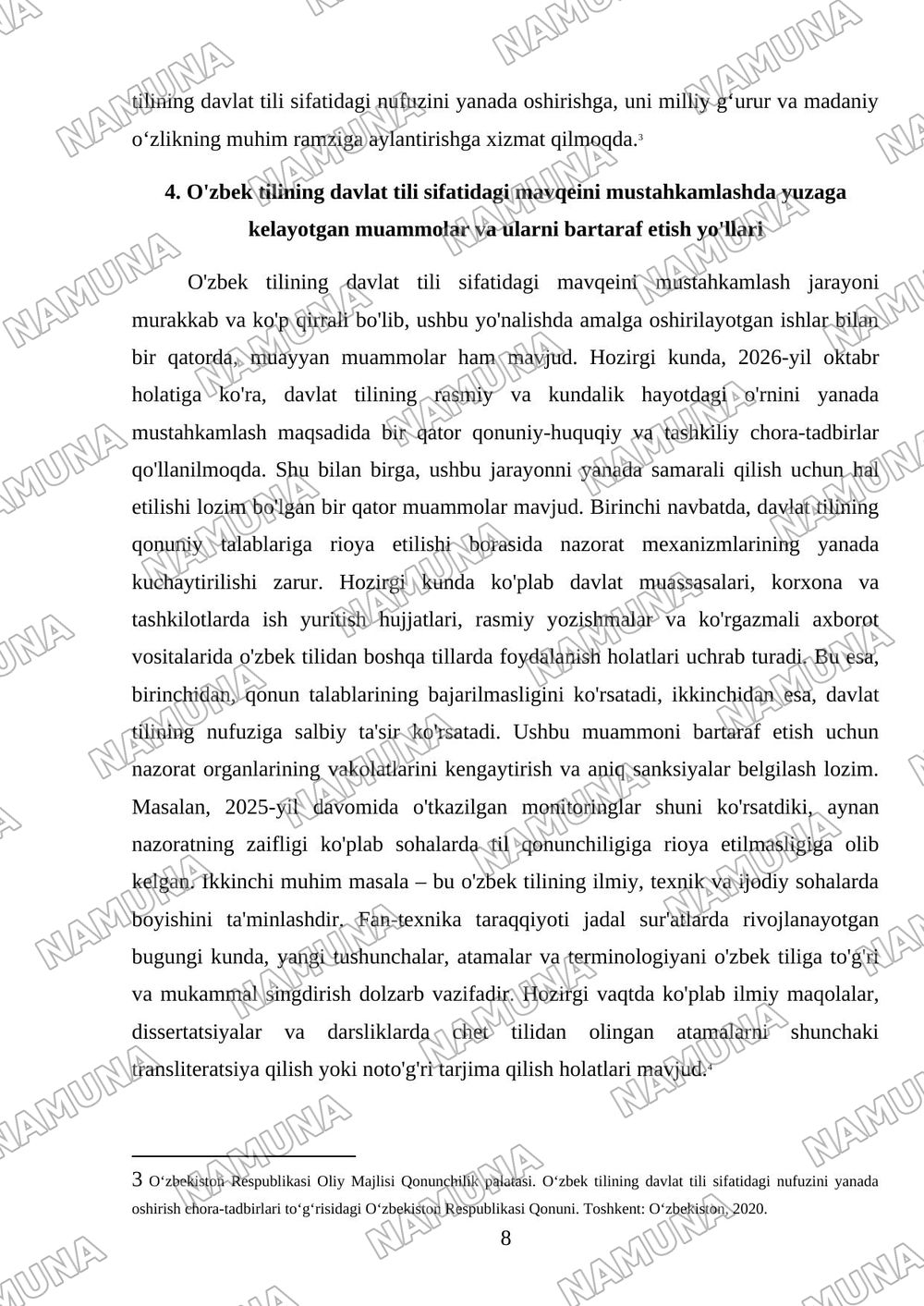 Respublikamizda oʻzbek tilining davlat tili sifatidagi nufuzini oshirish boʻyicha qilinayotgan ishlar — mustaqil ish, 8-varaq