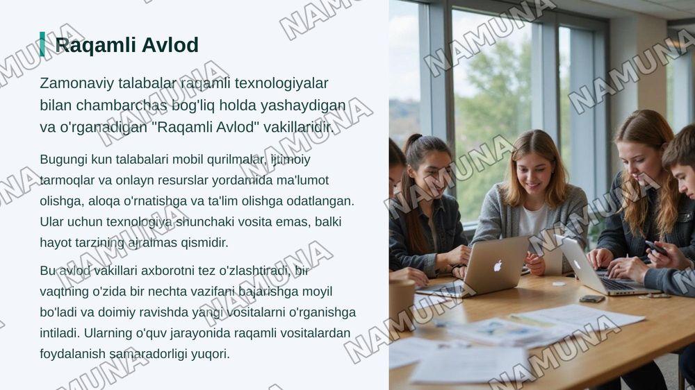 Zamonaviy axborot texnologiyalari” mavzusida taqdimot tayyorlash
Talabalarning raqamli texnologiyalardan foydalanishi” mavzusida taqdimot tayyorlash — zamonaviy taqdimot, 3-slayd