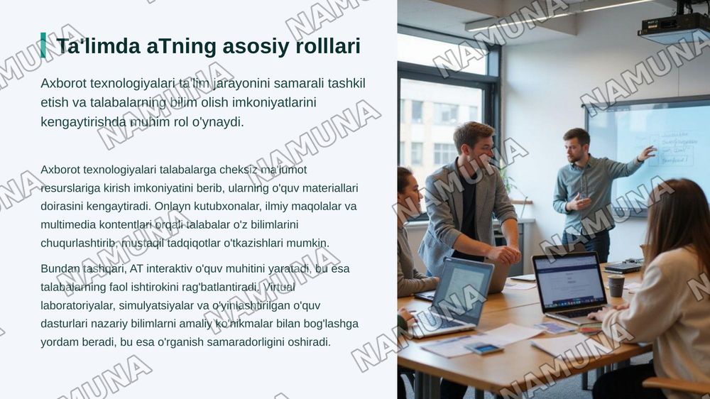 Zamonaviy axborot texnologiyalari” mavzusida taqdimot tayyorlash
Talabalarning raqamli texnologiyalardan foydalanishi” mavzusida taqdimot tayyorlash — zamonaviy taqdimot, 5-slayd