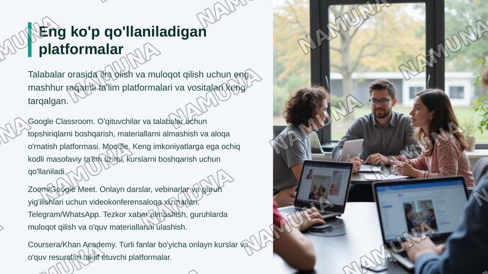 Zamonaviy axborot texnologiyalari” mavzusida taqdimot tayyorlash
Talabalarning raqamli texnologiyalardan foydalanishi” mavzusida taqdimot tayyorlash — zamonaviy taqdimot, 6-slayd