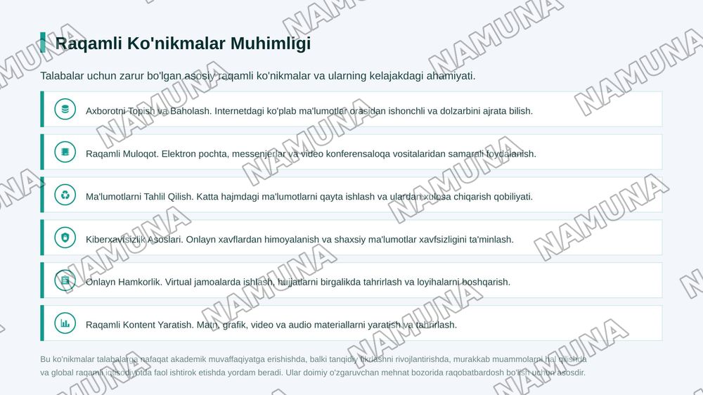 Zamonaviy axborot texnologiyalari” mavzusida taqdimot tayyorlash
Talabalarning raqamli texnologiyalardan foydalanishi” mavzusida taqdimot tayyorlash — zamonaviy taqdimot, 7-slayd