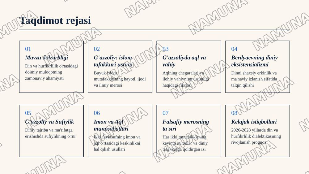 📋 Tugallanmagan buyurtmangiz

📊 Taqdimot
📝 Mavzu: "Din va hurfkrlilik" mavzusida prezintatsiya tayyorlash (Berdyaevning diniy hurfkrlilik haqidagi gʻoyalarini Gʻazzoliy gʻoyalari bilan qiyoslash) — zamonaviy taqdimot, 2-slayd