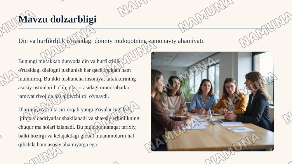 📋 Tugallanmagan buyurtmangiz

📊 Taqdimot
📝 Mavzu: "Din va hurfkrlilik" mavzusida prezintatsiya tayyorlash (Berdyaevning diniy hurfkrlilik haqidagi gʻoyalarini Gʻazzoliy gʻoyalari bilan qiyoslash) — zamonaviy taqdimot, 3-slayd