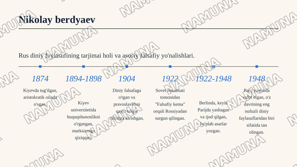 📋 Tugallanmagan buyurtmangiz

📊 Taqdimot
📝 Mavzu: "Din va hurfkrlilik" mavzusida prezintatsiya tayyorlash (Berdyaevning diniy hurfkrlilik haqidagi gʻoyalarini Gʻazzoliy gʻoyalari bilan qiyoslash) — zamonaviy taqdimot, 4-slayd