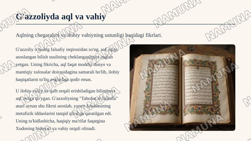 📋 Tugallanmagan buyurtmangiz

📊 Taqdimot
📝 Mavzu: "Din va hurfkrlilik" mavzusida prezintatsiya tayyorlash (Berdyaevning diniy hurfkrlilik haqidagi gʻoyalarini Gʻazzoliy gʻoyalari bilan qiyoslash) — zamonaviy taqdimot, 7-slayd