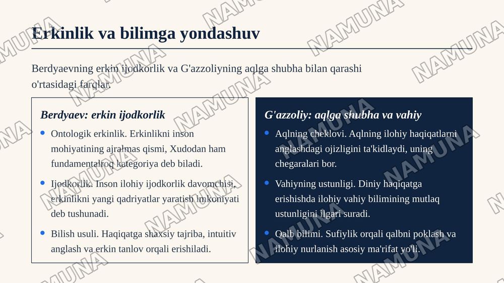 📋 Tugallanmagan buyurtmangiz

📊 Taqdimot
📝 Mavzu: "Din va hurfkrlilik" mavzusida prezintatsiya tayyorlash (Berdyaevning diniy hurfkrlilik haqidagi gʻoyalarini Gʻazzoliy gʻoyalari bilan qiyoslash) — zamonaviy taqdimot, 8-slayd